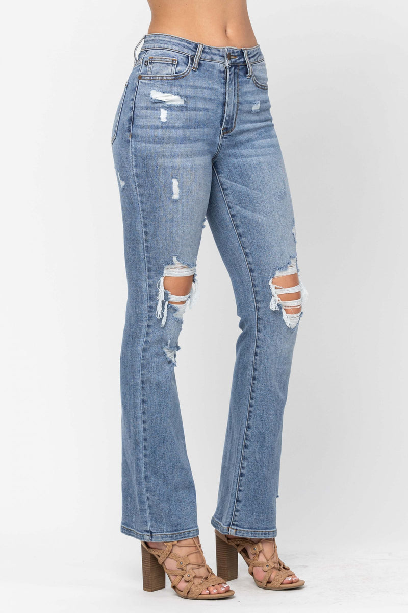 Stone Washed Destroyed Bootcut Jeans-Pants-Judy Blue-0-Medium Wash-Inspired Wings Fashion