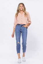 Mid-Rise Destructed Hem Jeans-bottoms-Judy Blue-0(24)-Inspired Wings Fashion
