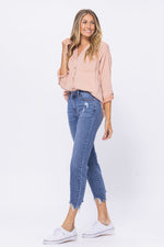 Mid-Rise Destructed Hem Jeans-bottoms-Judy Blue-0(24)-Inspired Wings Fashion