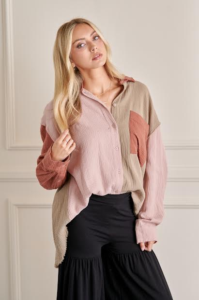 Gauze Color Block Top-Shirts & Tops-GeeGee-Small-Mustard Combo-Inspired Wings Fashion
