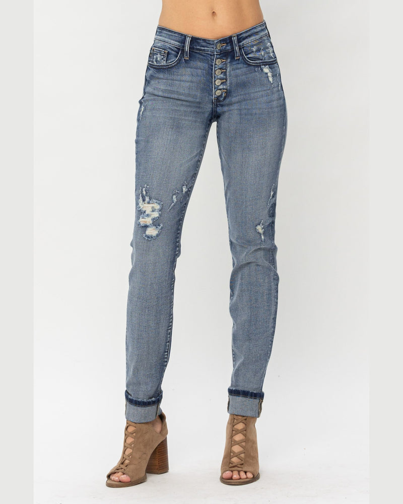 Mid-Rise Button Fly Wash & Cuff-Jeans-Judy Blue-0/24-Inspired Wings Fashion