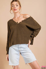Distressed Dual V-Neck Sweater-Shirts & Tops-Kori America-Small-Olive-Inspired Wings Fashion