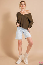 Distressed Dual V-Neck Sweater-Shirts & Tops-Kori America-Small-Black-Inspired Wings Fashion