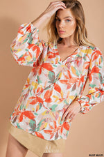 Leaf Print Puff Sleeve Top-Shirts & Tops-Kori America-Small-Rust Multi-Inspired Wings Fashion