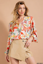 Leaf Print Puff Sleeve Top-Shirts & Tops-Kori America-Small-Rust Multi-Inspired Wings Fashion