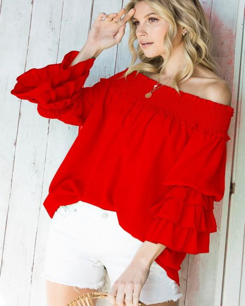 Smocked Ruffle Neckline Top-Tops-Vine & Love-Small-Red-Inspired Wings Fashion