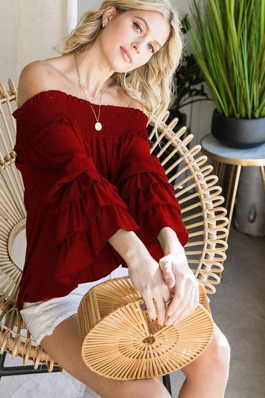 Smocked Ruffle Neckline Top-Tops-Vine & Love-Small-Mocha-Inspired Wings Fashion