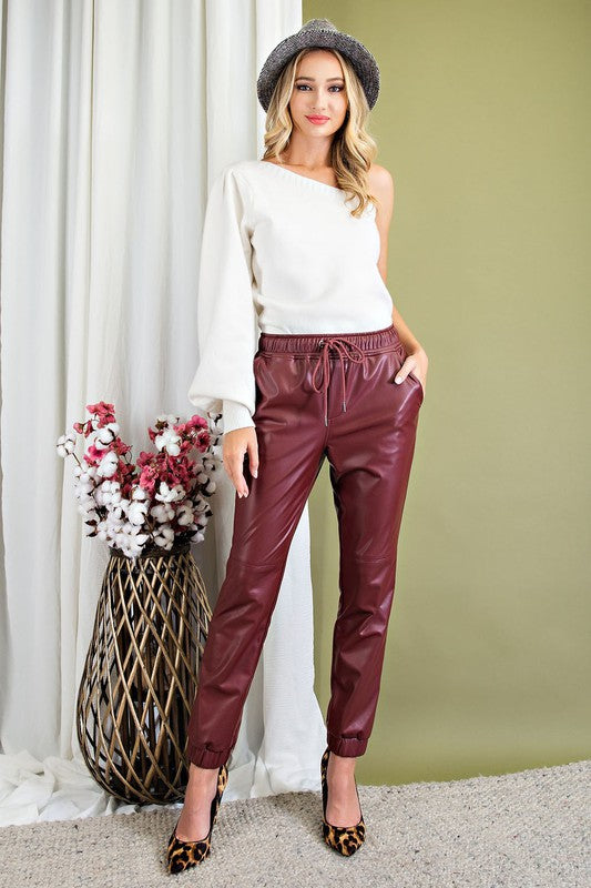 Faux Leather Jogger Pants-ee:some-Small-Wine-Inspired Wings Fashion