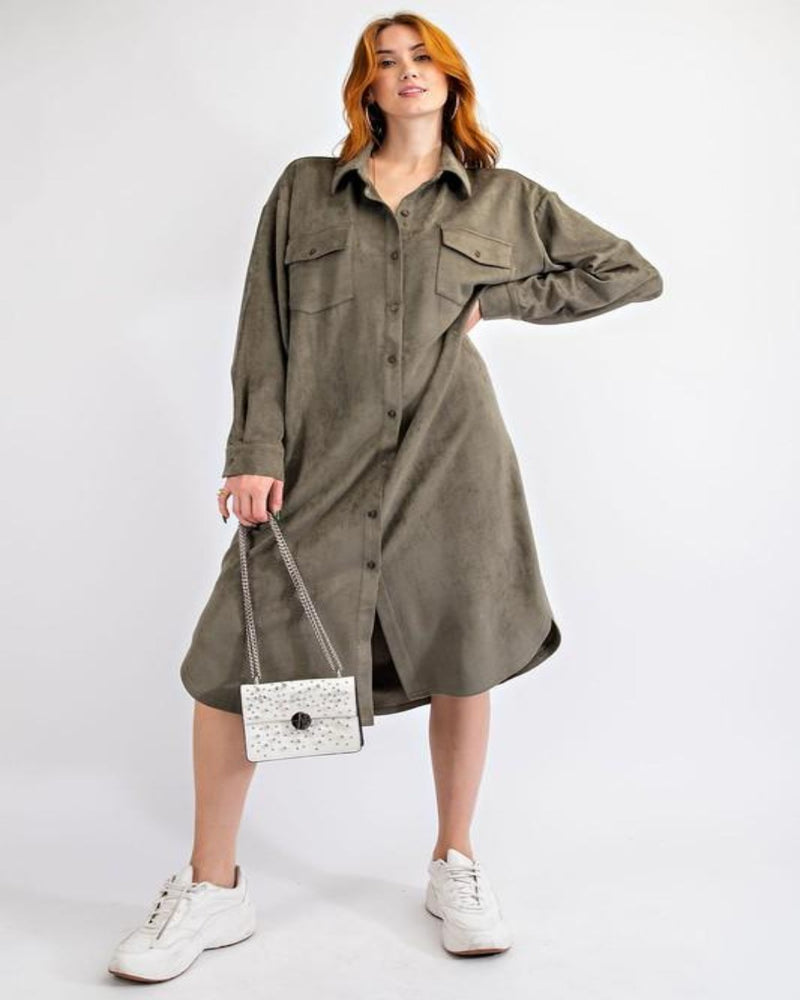 Faux Suede Button Down Shirt-Dresses-Easel-Small-Faded Olive-Inspired Wings Fashion