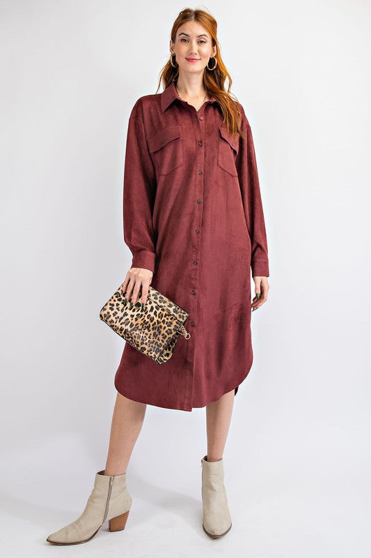 Faux Suede Button Down Shirt-Dresses-Easel-Small-Faded Plum-Inspired Wings Fashion