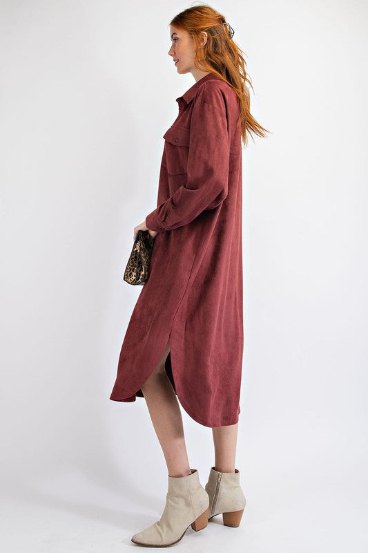 Faux Suede Button Down Shirt-Dresses-Easel-Small-Camel-Inspired Wings Fashion