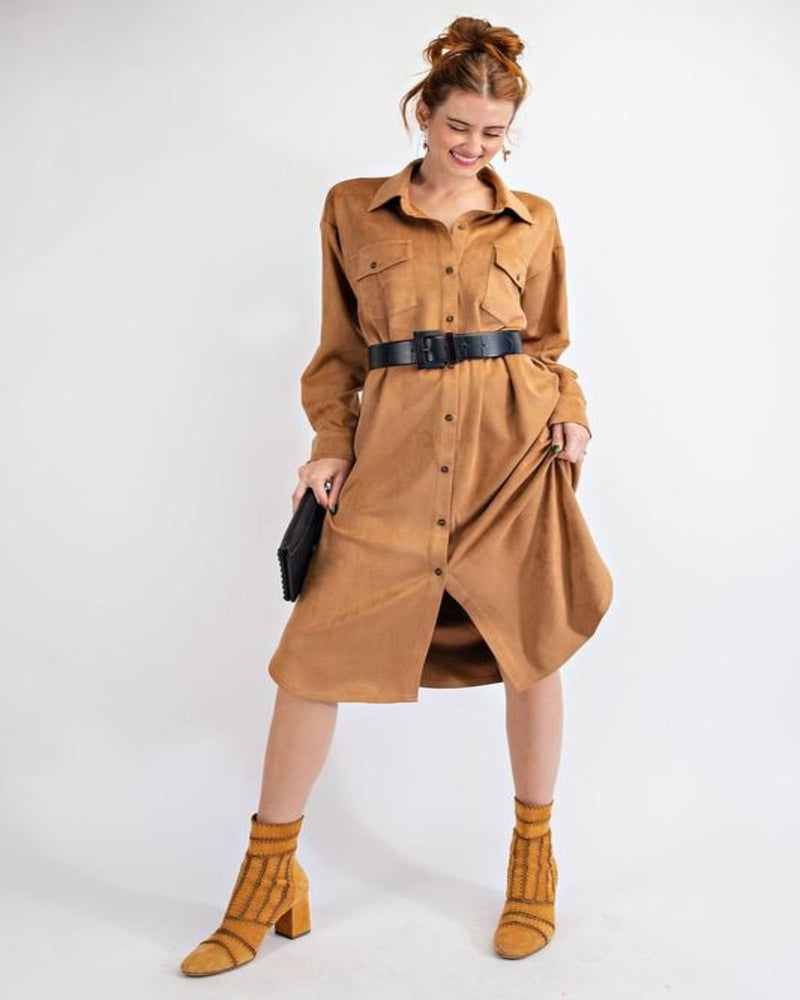 Faux Suede Button Down Shirt-Dresses-Easel-Small-Camel-Inspired Wings Fashion