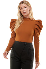 High Neck Puff Sleeve Bodysuit-Tops-Pretty Follies-Small-Camel-Inspired Wings Fashion