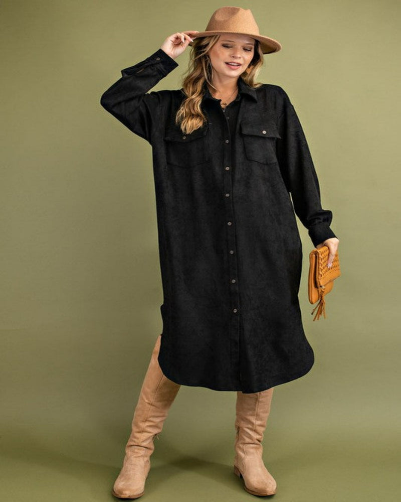 Faux Suede Button Down Shirt-Dresses-Easel-Small-Black-Inspired Wings Fashion