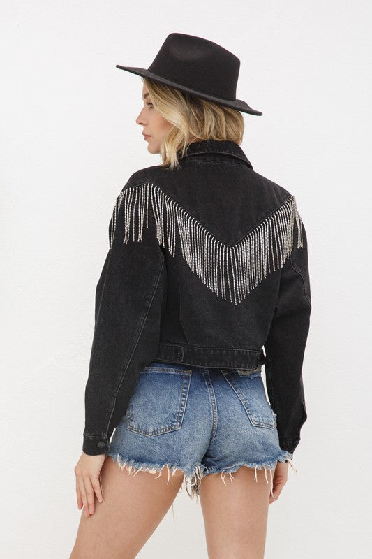 Denim Chevron Fringe Jacket-Jacket-Blue B-Small-Green-Inspired Wings Fashion