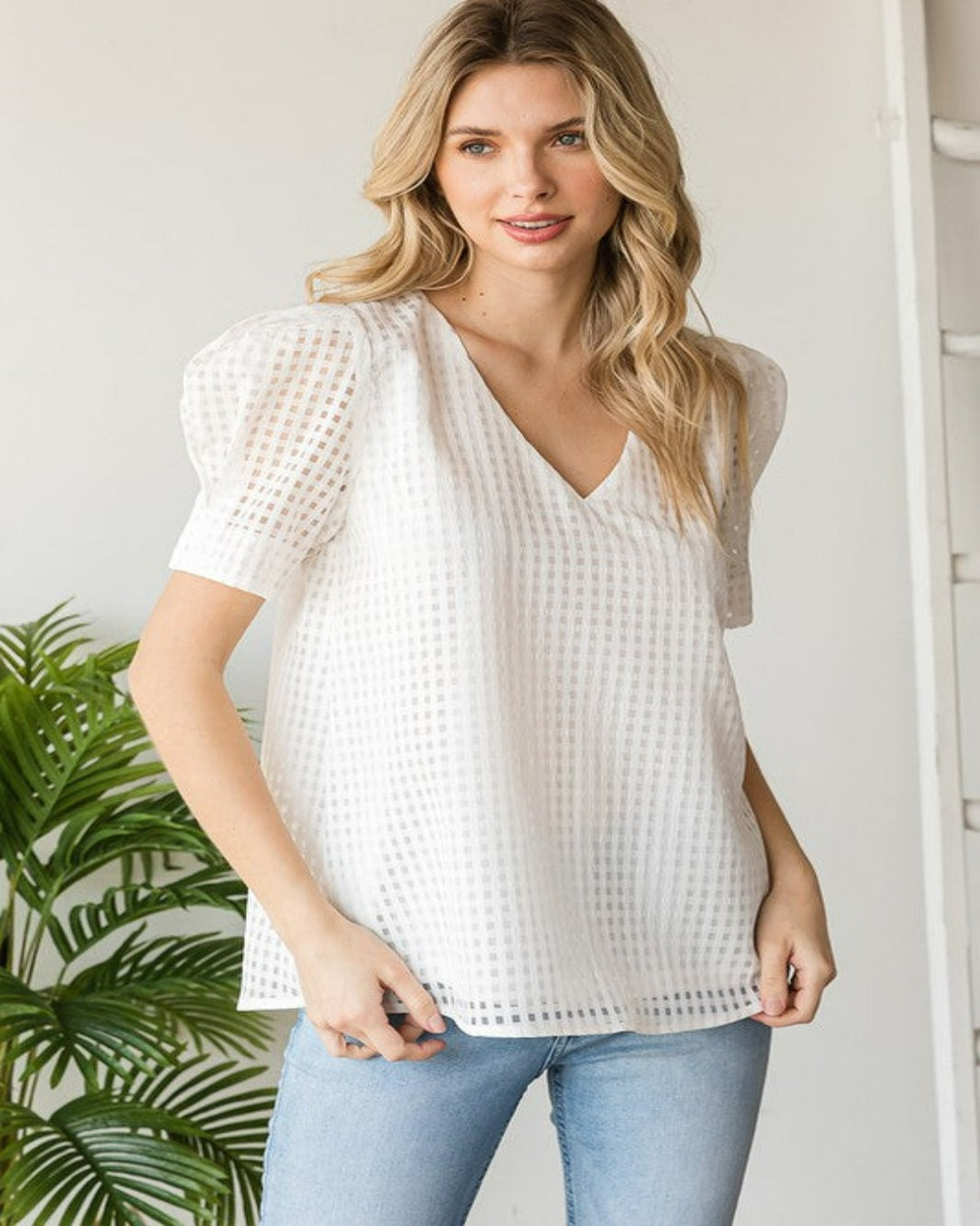 Checkered Burnout Puff Sleeve Top | Inspired Wings Fashion | Shop Now