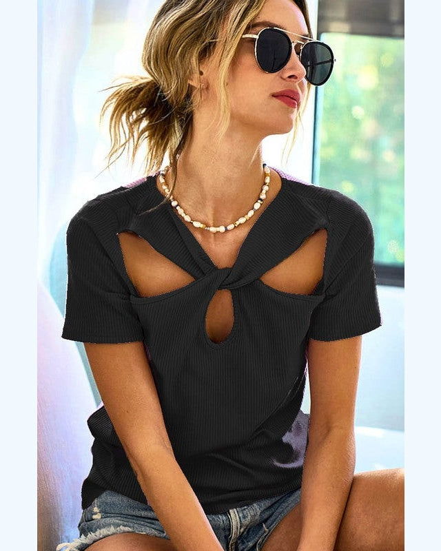 Cut Out and Front Twist Top-Shirts & Tops-BiBi-Small-Black-Inspired Wings Fashion