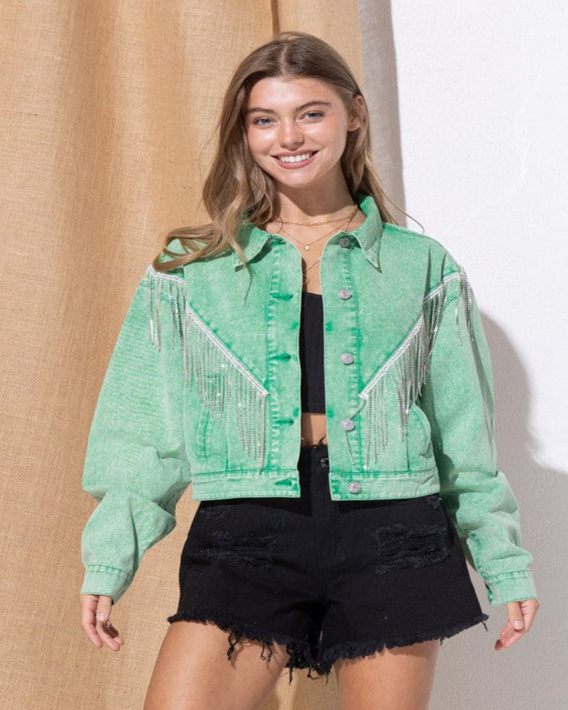 Denim Chevron Fringe Jacket-Jacket-Blue B-Small-Green-Inspired Wings Fashion