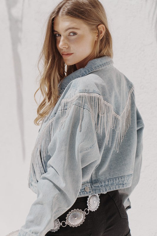 Denim Chevron Fringe Jacket-Jacket-Blue B-Small-Green-Inspired Wings Fashion