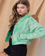 Denim Chevron Fringe Jacket-Jacket-Blue B-Small-Green-Inspired Wings Fashion