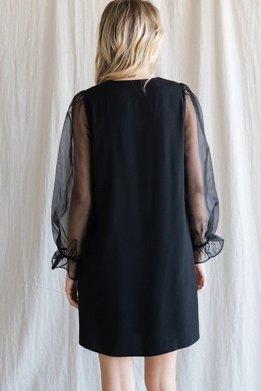 Solid Sheer Bubble Sleeves Dress, Inspired Wings Fashion