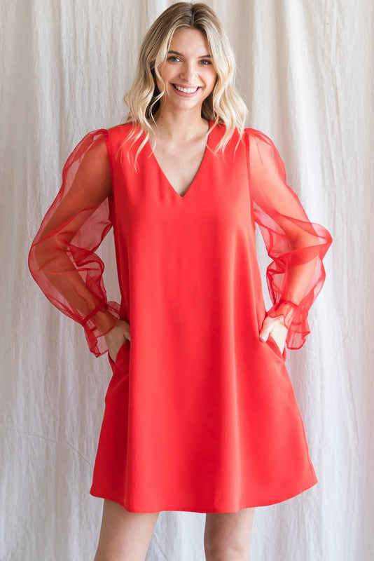 Solid Sheer Bubble Sleeves Dress-Dresses-Jodifl-Small-Red-Inspired Wings Fashion