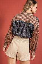 Print Mix Button Down Shirt-Shirts & Tops-Easel-Small-Blue Wine-Inspired Wings Fashion