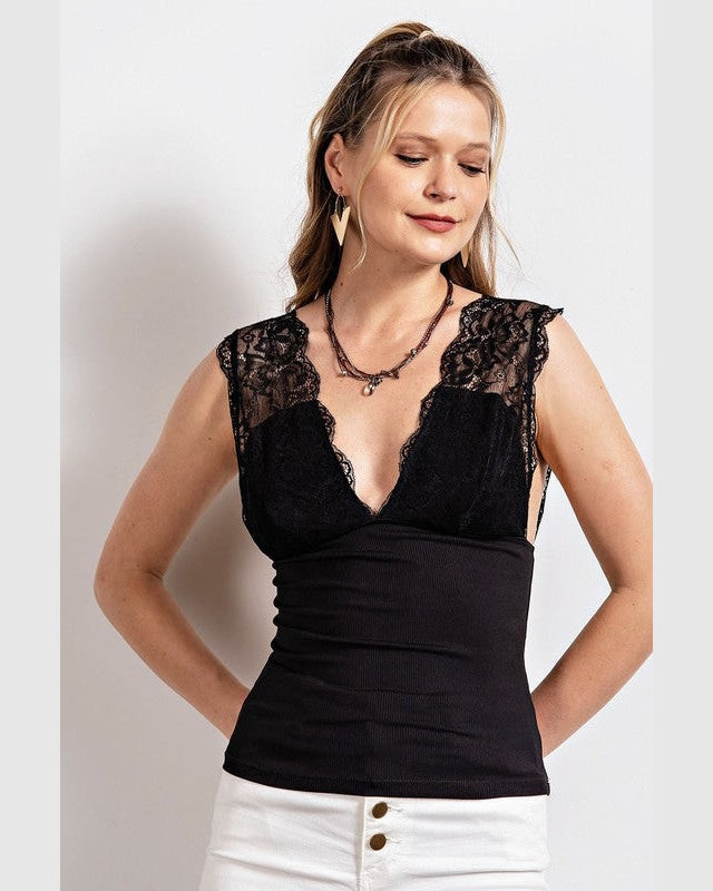 Lace Rib Tank Top-Shirts & Tops-Easel-Small-Black-Inspired Wings Fashion