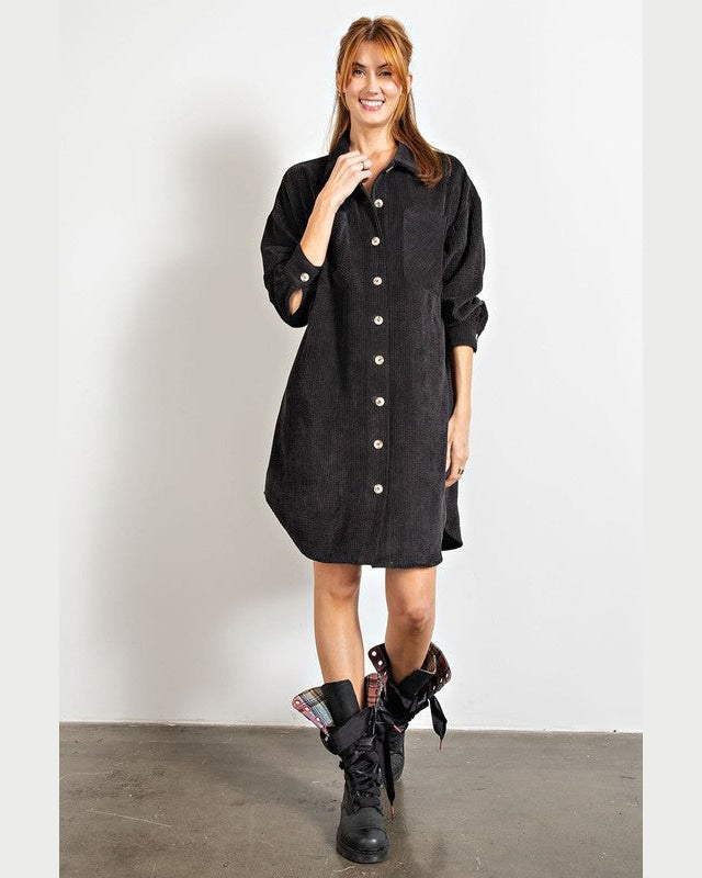 Corduroy Shirt Dress-Dresses-Easel-Small-Black-Inspired Wings Fashion