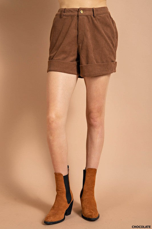 Corduroy Cuff Leg Shorts-Shorts-Kori America-Small-Chocolate-Inspired Wings Fashion