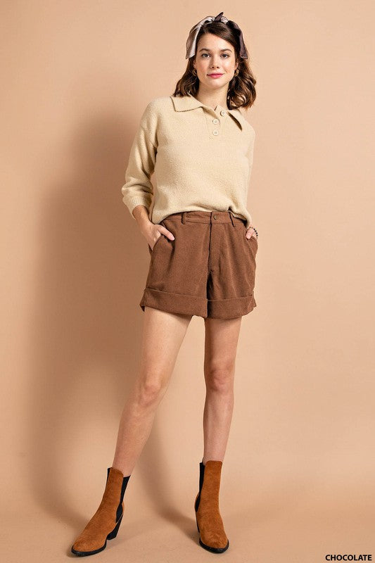 Corduroy Cuff Leg Shorts-Shorts-Kori America-Small-Chocolate-Inspired Wings Fashion