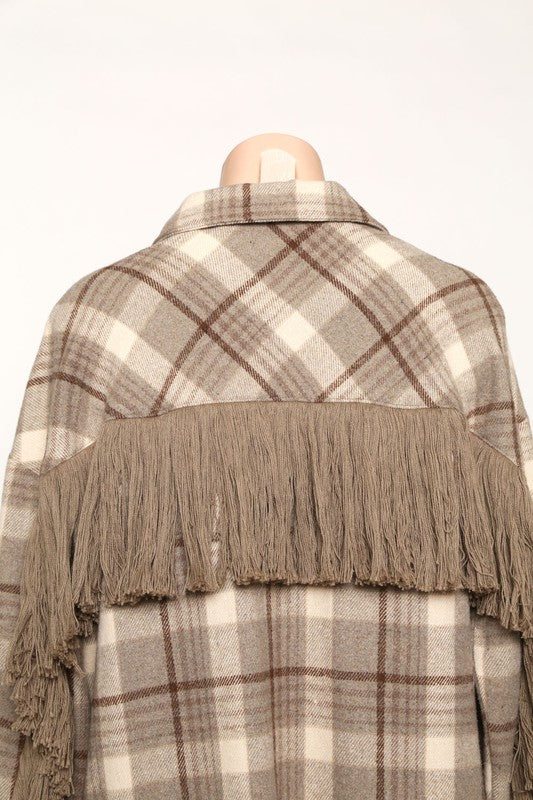 Fringe Oversize Plaid Flannel Shacket-Coats & Jackets-Fantastic Fawn-Small-Mocha-Inspired Wings Fashion