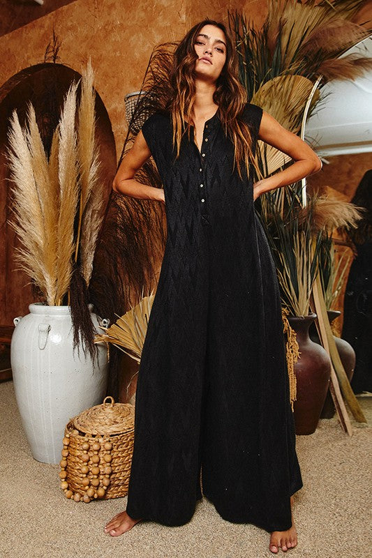 Chevron Wide Leg Textured Brushed Knit Jumpsuit-Jumpsuits & Rompers-Bucketlist-Small-Black-Inspired Wings Fashion