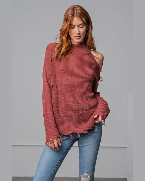 Cold Shoulder Distressed Sweater-Apparel & Accessories-Easel-Small-Red Bean-Inspired Wings Fashion