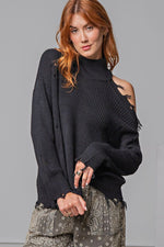Cold Shoulder Distressed Sweater-Apparel & Accessories-Easel-Small-Black-Inspired Wings Fashion