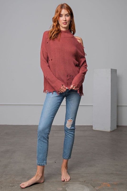 Cold Shoulder Distressed Sweater-Apparel & Accessories-Easel-Small-Red Bean-Inspired Wings Fashion