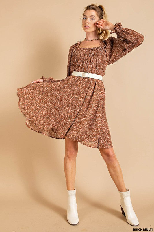 Floral Printed Smocked Dress-Dresses-Kori America-Small-Brick Multi-Inspired Wings Fashion