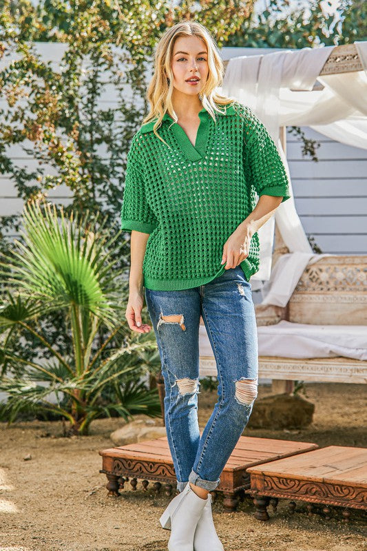 Hollow Out Polo Sweater Top-Tops-and the why-S/M-Kelly Green-Inspired Wings Fashion