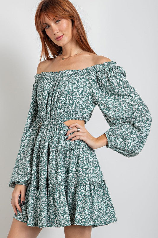 Floral Printed Challis Mini Dress-Dresses-Easel-Small-Forest Green-Inspired Wings Fashion