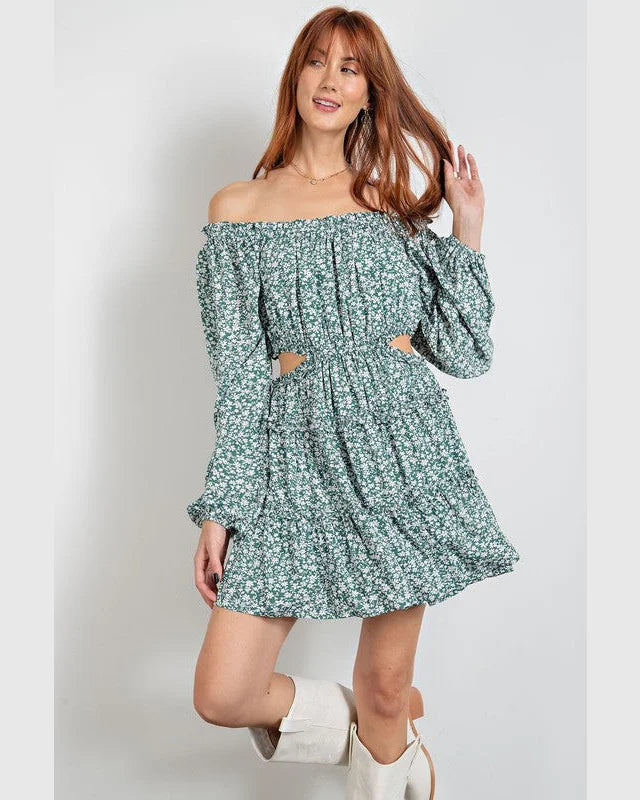 Floral Printed Challis Mini Dress-Dresses-Easel-Small-Forest Green-Inspired Wings Fashion