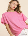Cuffed Sleeves Frayed Hem Top-Tops-Umgee-Small-Bubble Pink-Inspired Wings Fashion