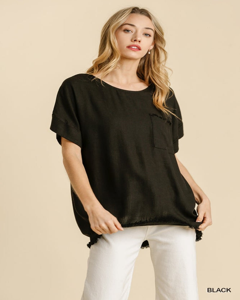 Cuffed Sleeves Frayed Hem Top-Tops-Umgee-Small-Black-Inspired Wings Fashion