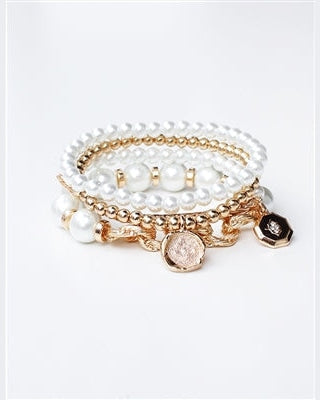 Pearl and Coin Stretch Bracelet Set-Bracelets-What's Hot Jewelry-Pearl and Gold-Inspired Wings Fashion