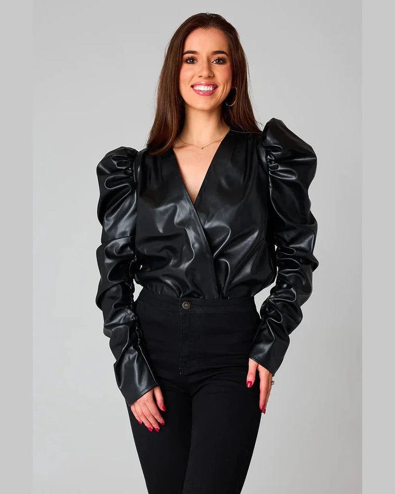 Joan Black Leather Bodysuit-bodysuit-BuddyLove-Black-XS-Inspired Wings Fashion