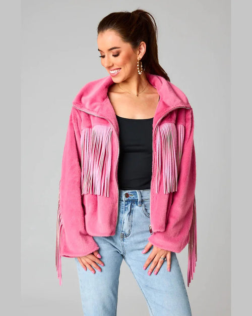 Skylar Fringe Faux Fur Jacket-Coats & Jackets-BuddyLove-Small-Hot Pink-Inspired Wings Fashion