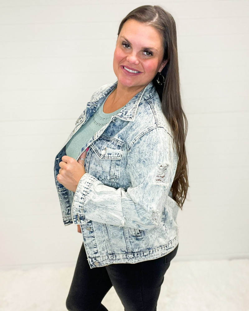 Distressed Denim Jacket-Jacket-BiBi-XL-Light Denim-Inspired Wings Fashion