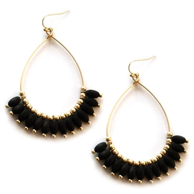 Gold Teardrop with Wooden Beads Earrings-What's Hot Jewelry-Black-Inspired Wings Fashion