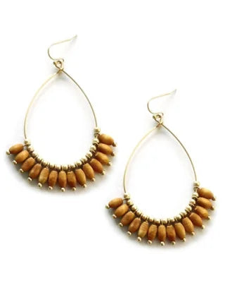 Gold Teardrop with Wooden Beads Earrings-What's Hot Jewelry-Brown-Inspired Wings Fashion
