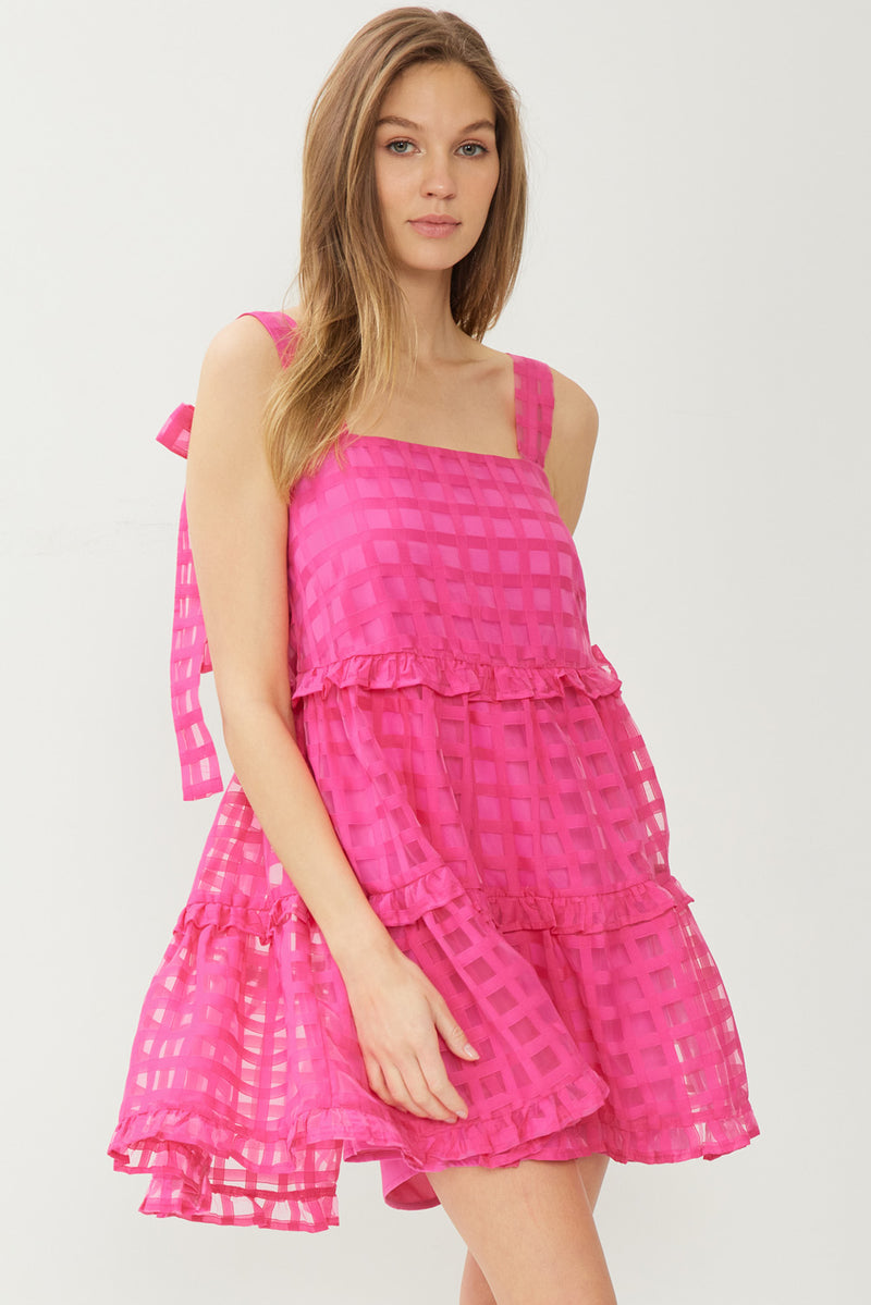Sheer Grid Print Mini Dress-Dress-Entro-Small-Hot Pink-Inspired Wings Fashion