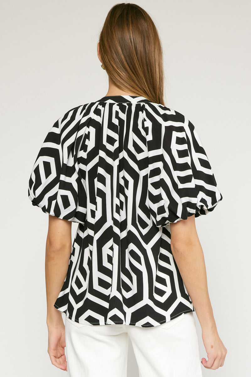 Geometric Bubble Sleeve Top-Top-Entro-Small-Black-Inspired Wings Fashion